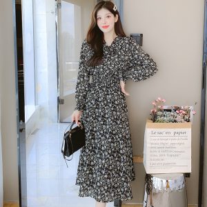 French Style Sweet Floral Print Long Sleeve Midi Dress
