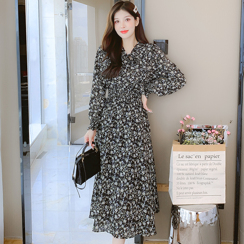 French Style Sweet Floral Print Long Sleeve Midi Dress