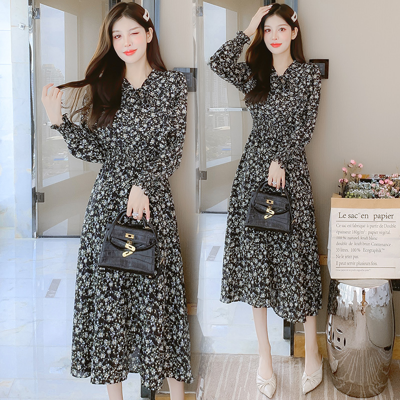 French Style Sweet Floral Print Long Sleeve Midi Dress - Image 2