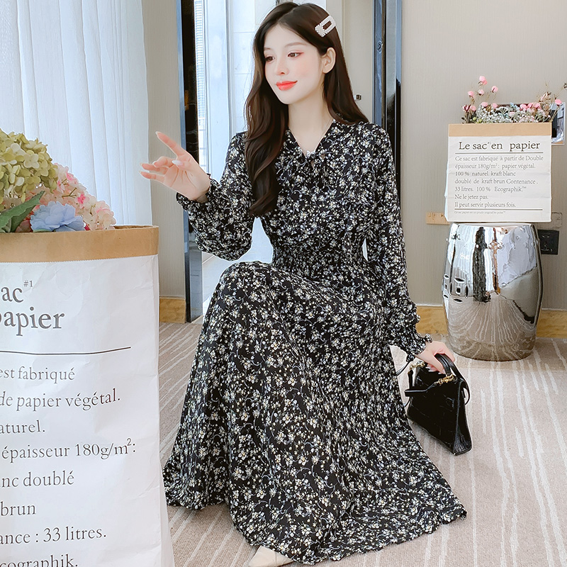 French Style Sweet Floral Print Long Sleeve Midi Dress - Image 4