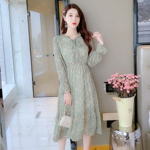 2022 Autumn Floral Chiffon Long Sleeve High Waist Maxi Dress for Women