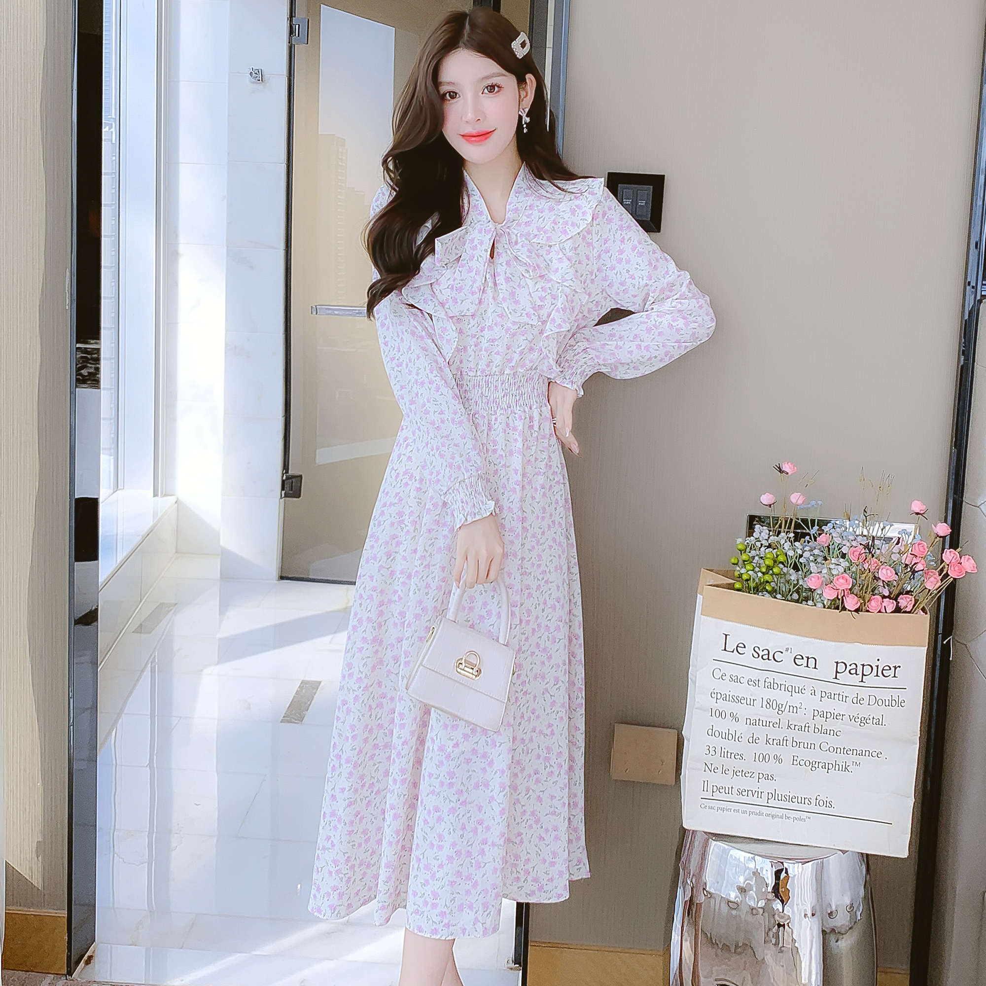 2023 Sweet Flared Sleeve Slim Chiffon Ruffle Floral Dress