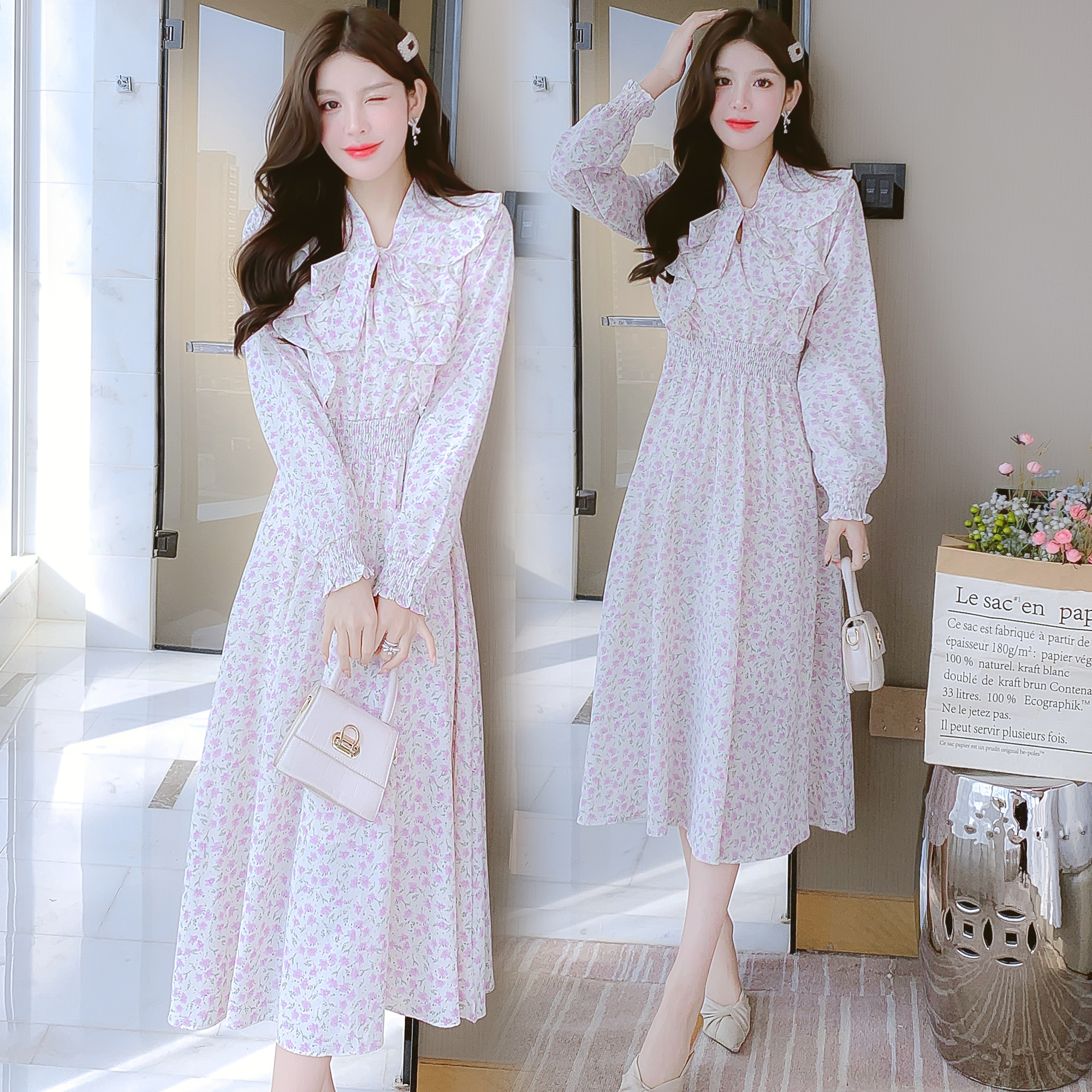2023 Sweet Flared Sleeve Slim Chiffon Ruffle Floral Dress - Image 2