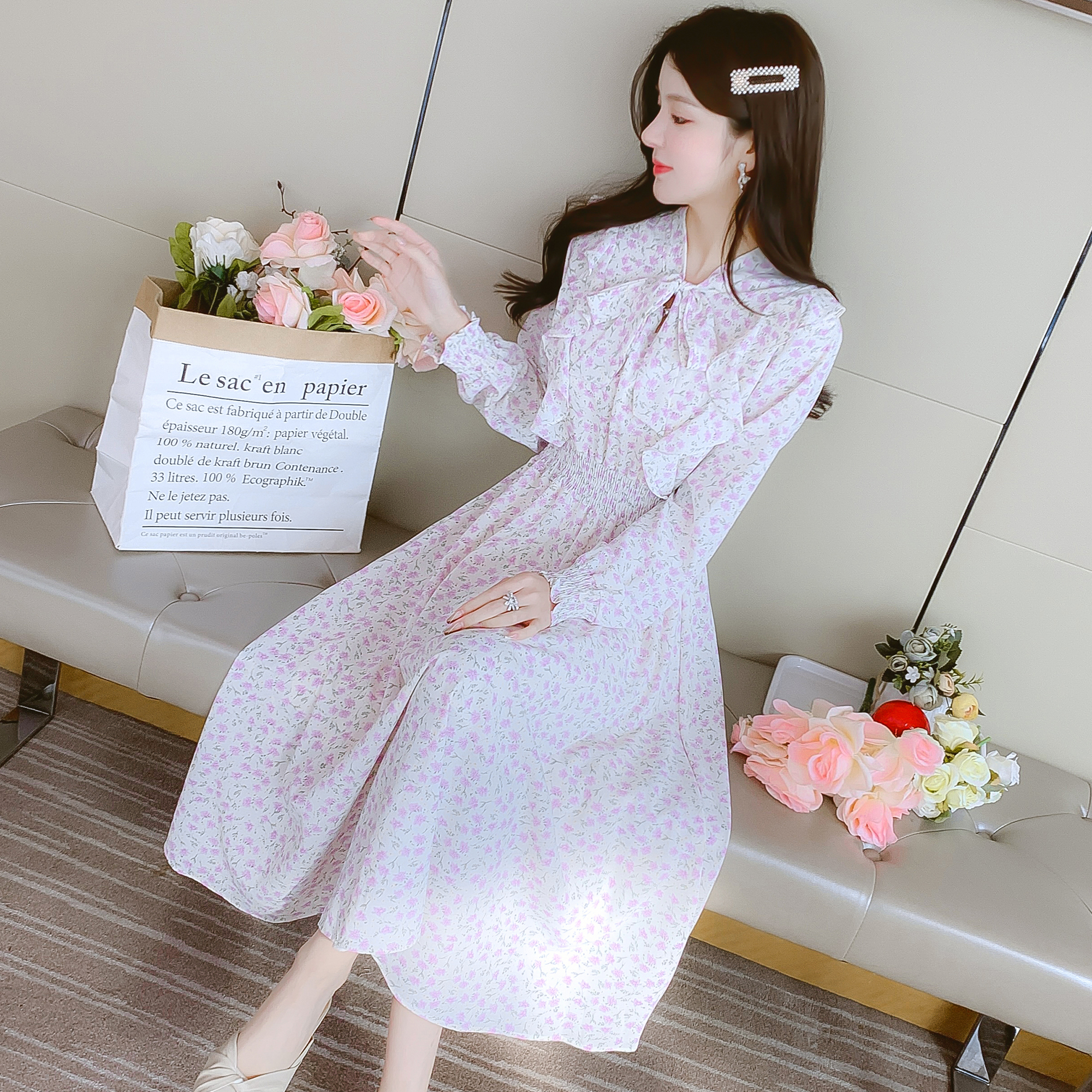 2023 Sweet Flared Sleeve Slim Chiffon Ruffle Floral Dress - Image 3