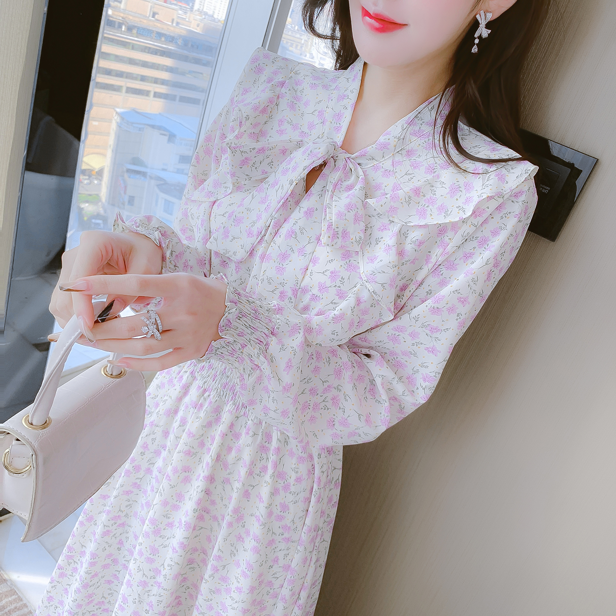 2023 Sweet Flared Sleeve Slim Chiffon Ruffle Floral Dress - Image 4