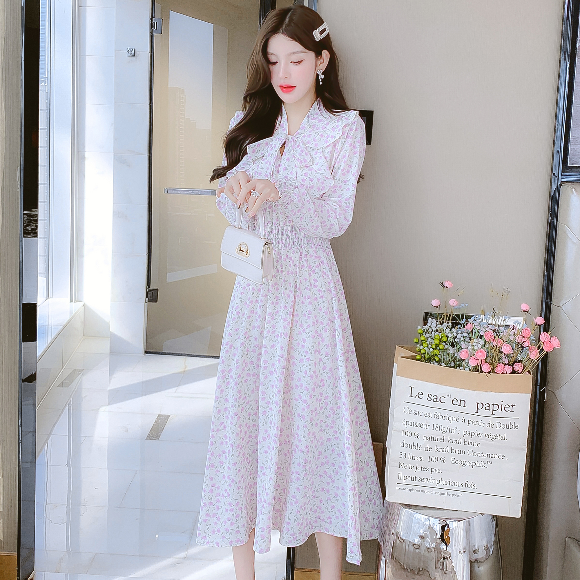 2023 Sweet Flared Sleeve Slim Chiffon Ruffle Floral Dress - Image 5