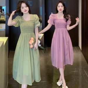 Sweet Lady Princess Sleeve Midi Dress Solid Short Sleeve Square Neck Chiffon Dress