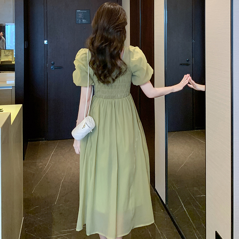 Sweet Lady Princess Sleeve Midi Dress Solid Short Sleeve Square Neck Chiffon Dress - Image 2
