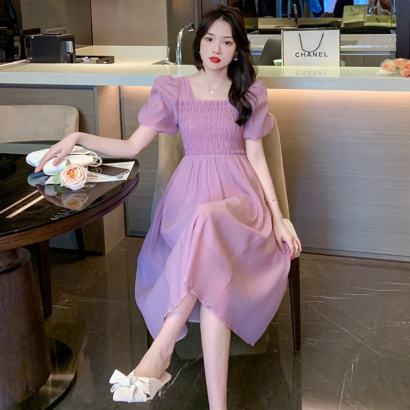 Sweet Lady Princess Sleeve Midi Dress Solid Short Sleeve Square Neck Chiffon Dress - Image 3