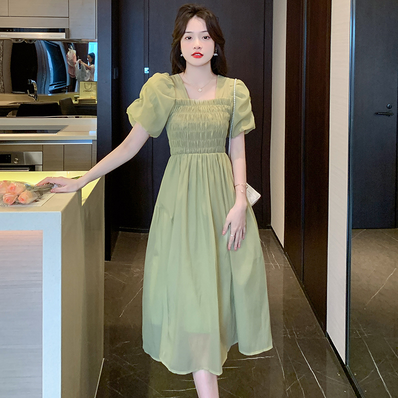 Sweet Lady Princess Sleeve Midi Dress Solid Short Sleeve Square Neck Chiffon Dress - Image 4