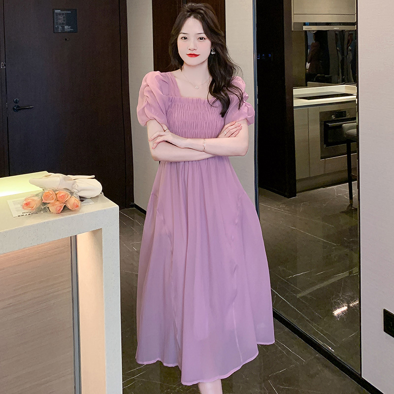 Sweet Lady Princess Sleeve Midi Dress Solid Short Sleeve Square Neck Chiffon Dress - Image 5