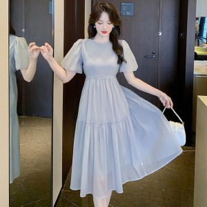 2023 Summer New Short Sleeve Sweet Lady Bubble Sleeve Vintage Solid Super Slim Dress