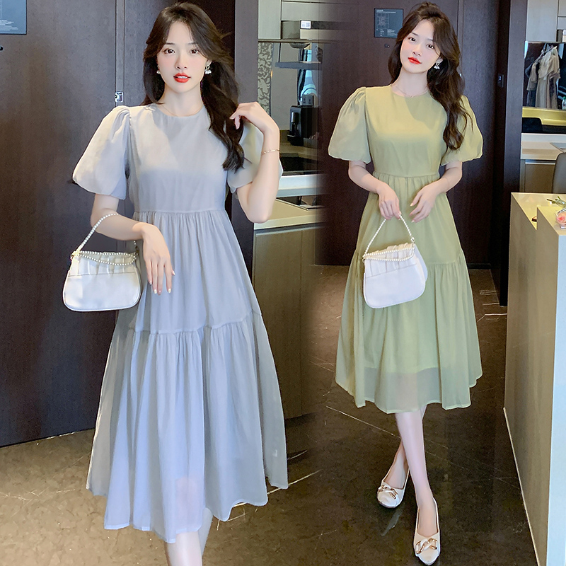 2023 Summer New Short Sleeve Sweet Lady Bubble Sleeve Vintage Solid Super Slim Dress - Image 2