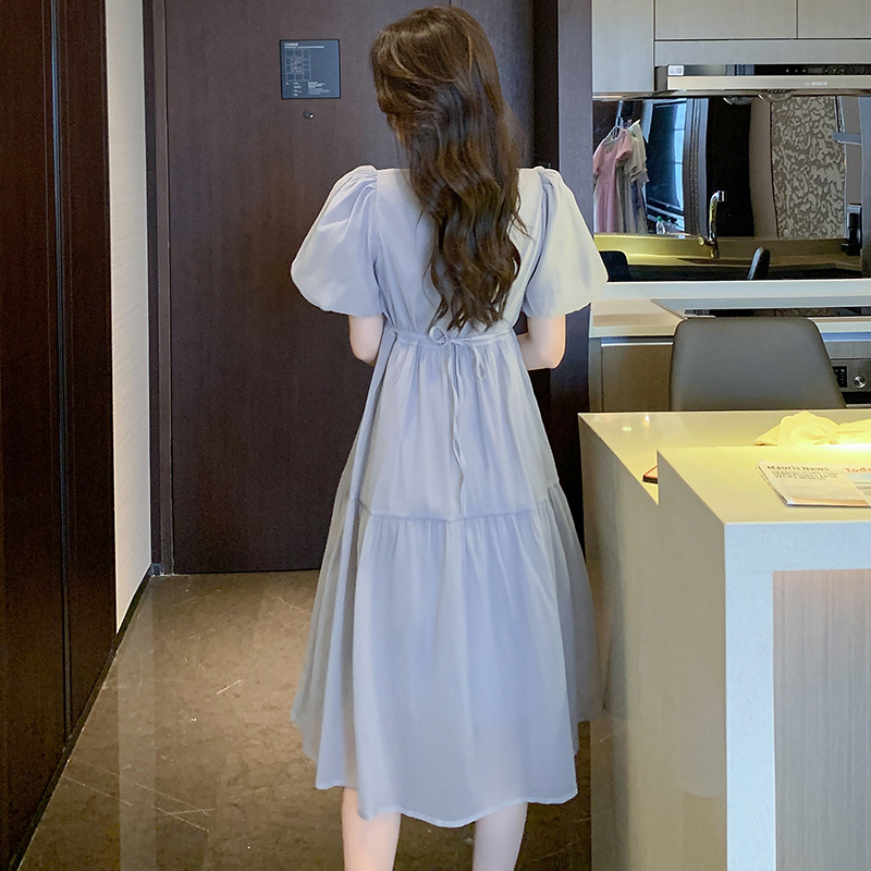 2023 Summer New Short Sleeve Sweet Lady Bubble Sleeve Vintage Solid Super Slim Dress - Image 3