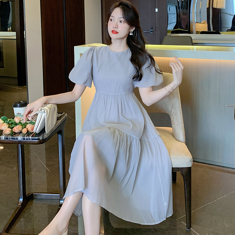 2023 Summer New Short Sleeve Sweet Lady Bubble Sleeve Vintage Solid Super Slim Dress - Image 4
