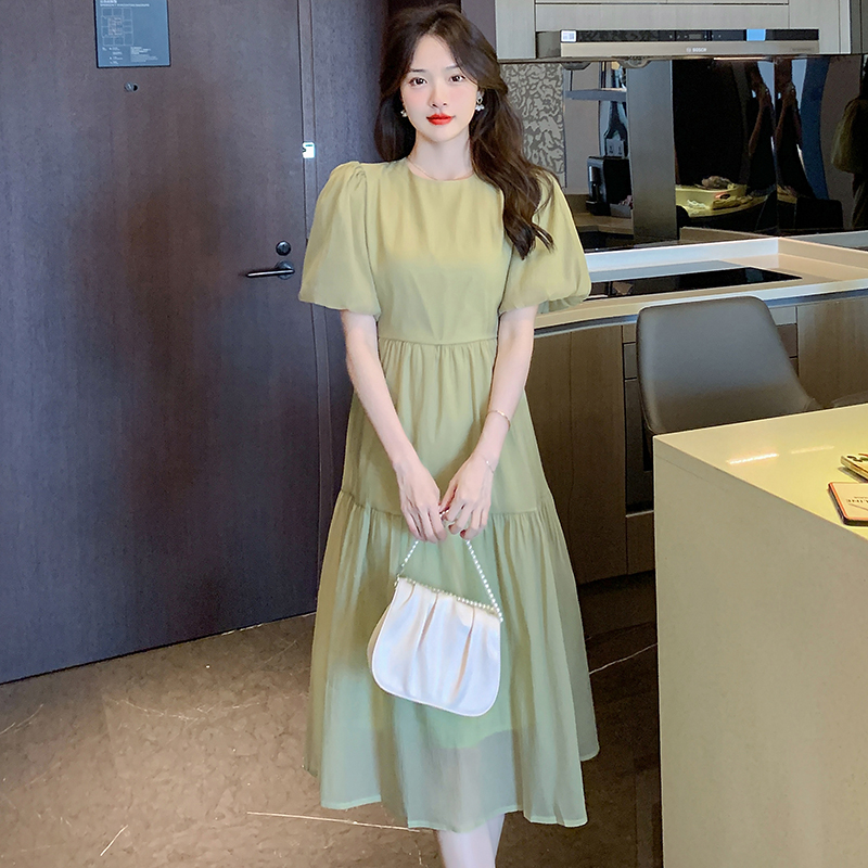 2023 Summer New Short Sleeve Sweet Lady Bubble Sleeve Vintage Solid Super Slim Dress - Image 5
