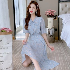 2023 Summer Short Sleeve Chiffon Floral Sweet Lady Bell Sleeve Fresh Floral Dress