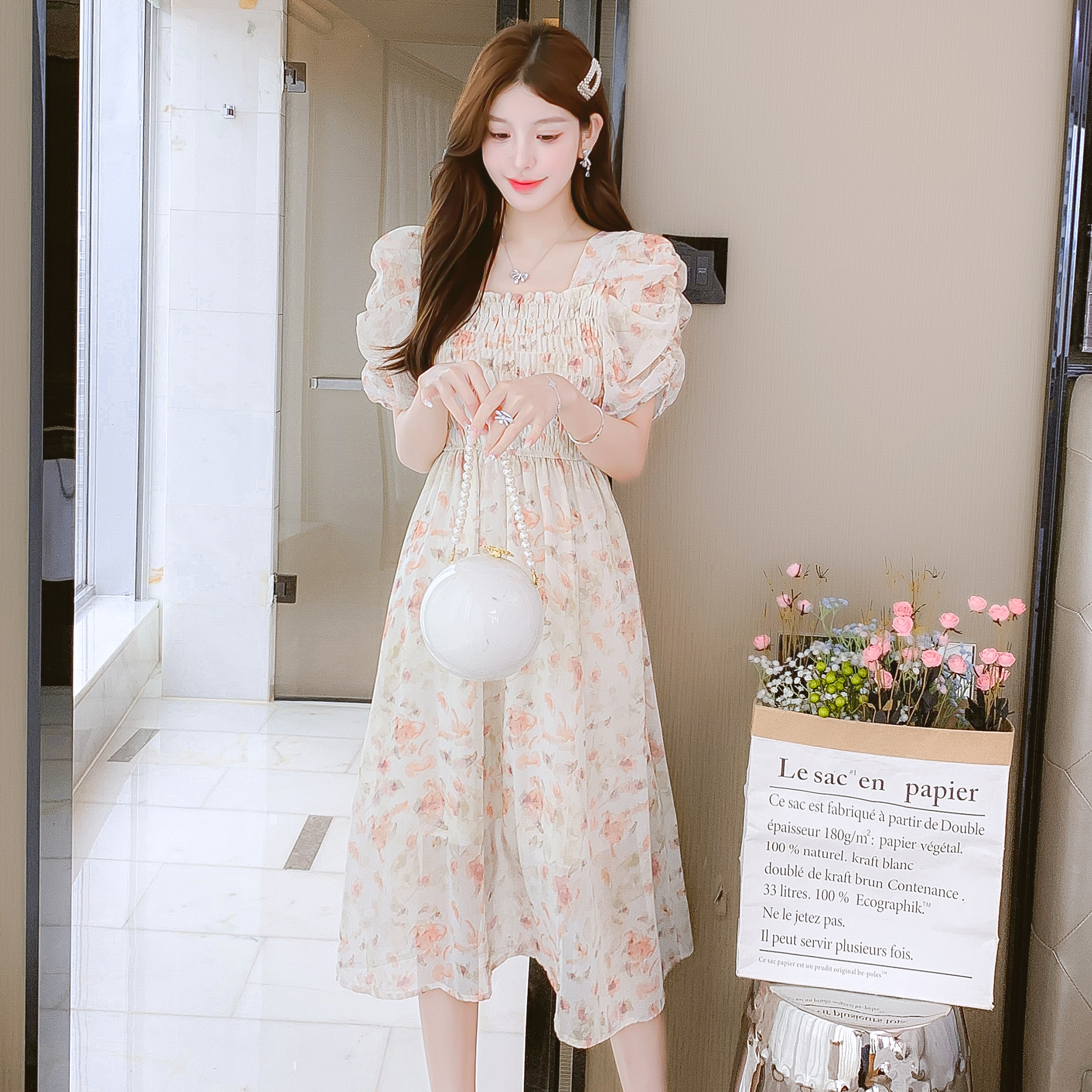 2023 New Floral Print Short Sleeve Sweet Lady Korean Style Chiffon Dress