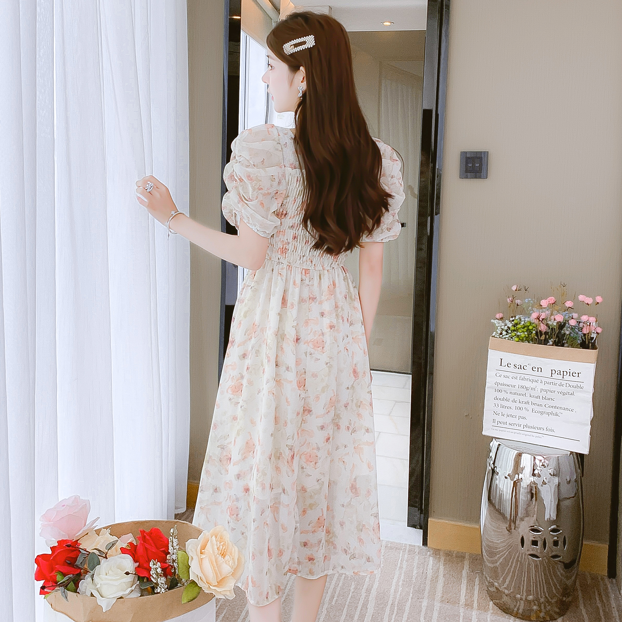 2023 New Floral Print Short Sleeve Sweet Lady Korean Style Chiffon Dress - Image 2