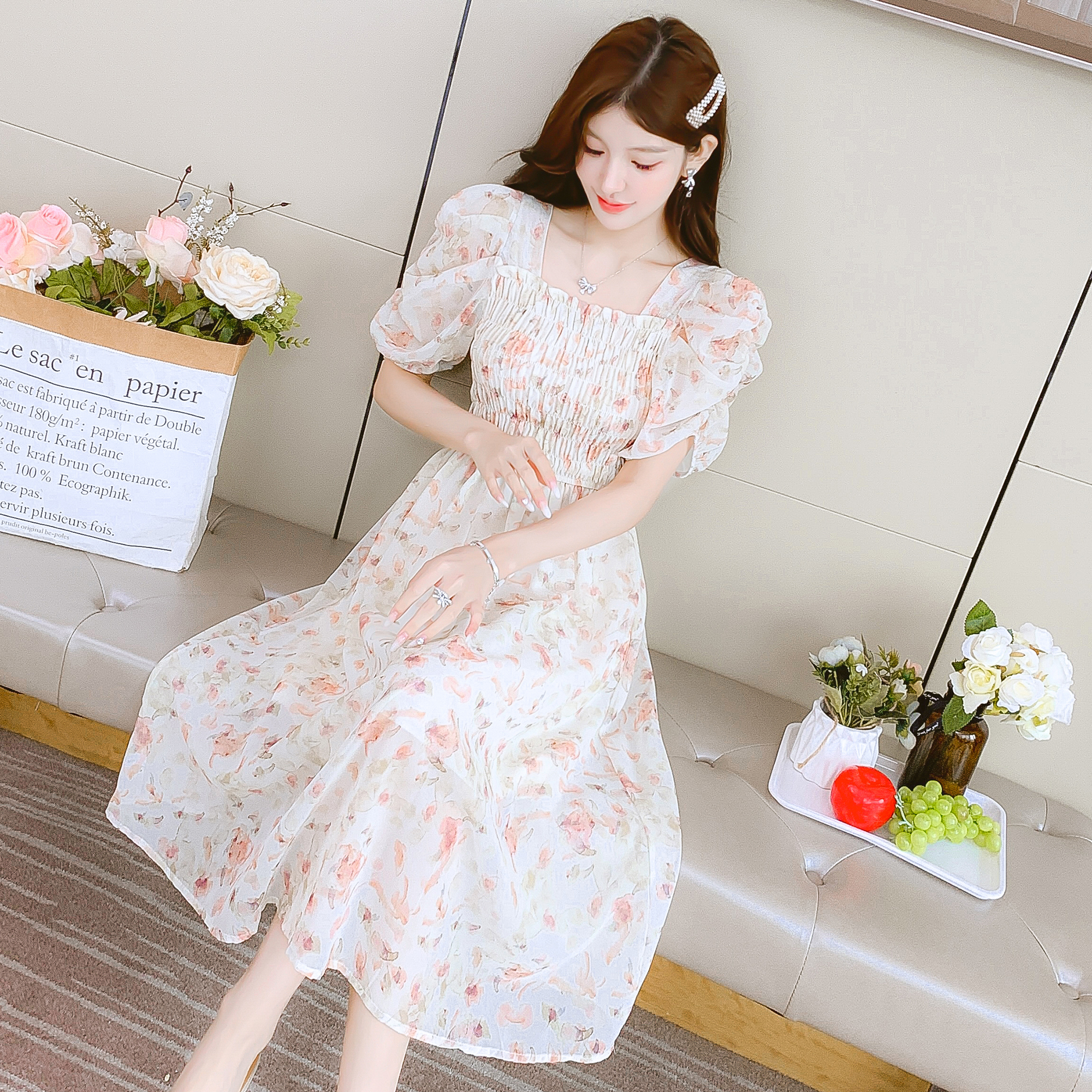 2023 New Floral Print Short Sleeve Sweet Lady Korean Style Chiffon Dress - Image 3