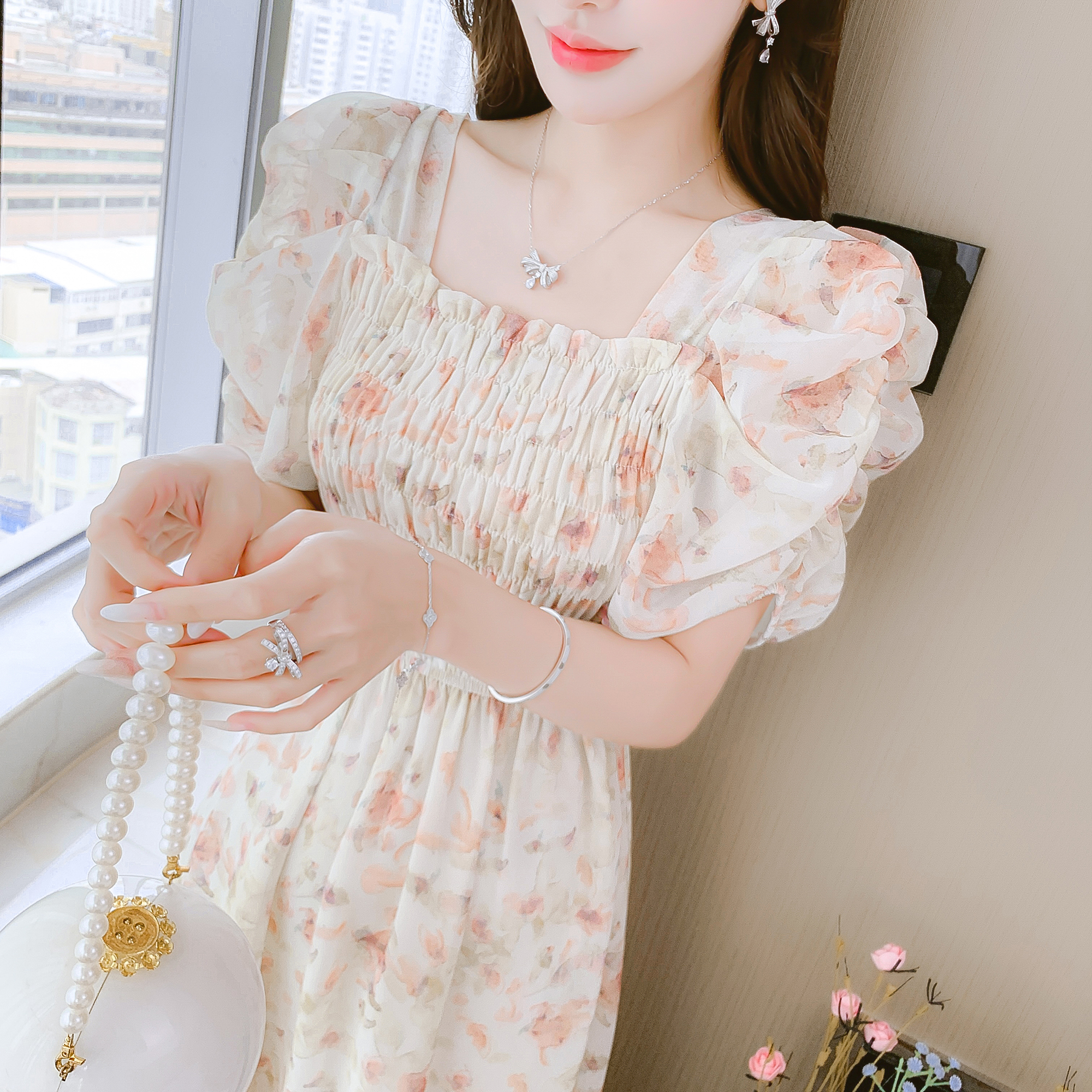 2023 New Floral Print Short Sleeve Sweet Lady Korean Style Chiffon Dress - Image 4