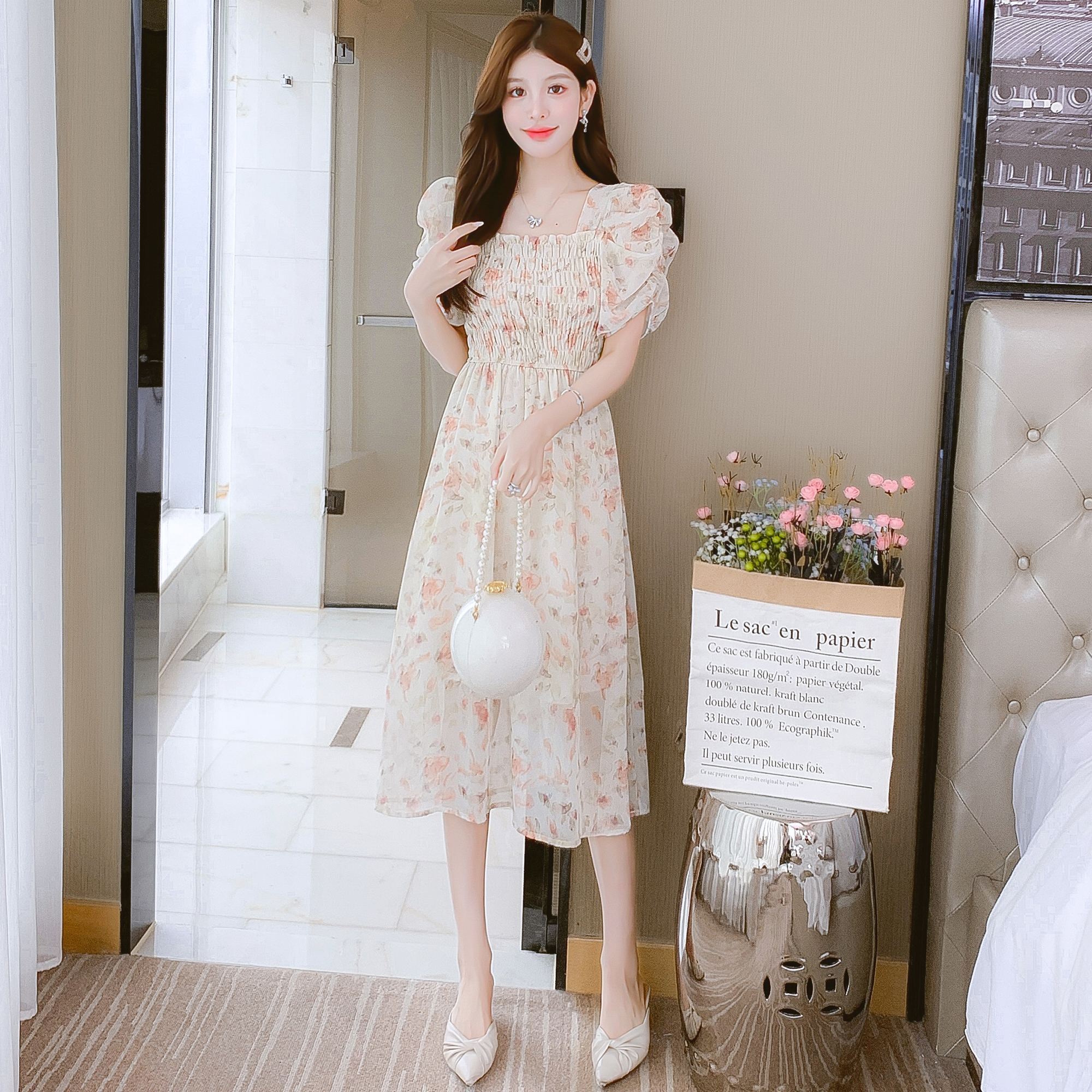 2023 New Floral Print Short Sleeve Sweet Lady Korean Style Chiffon Dress - Image 5