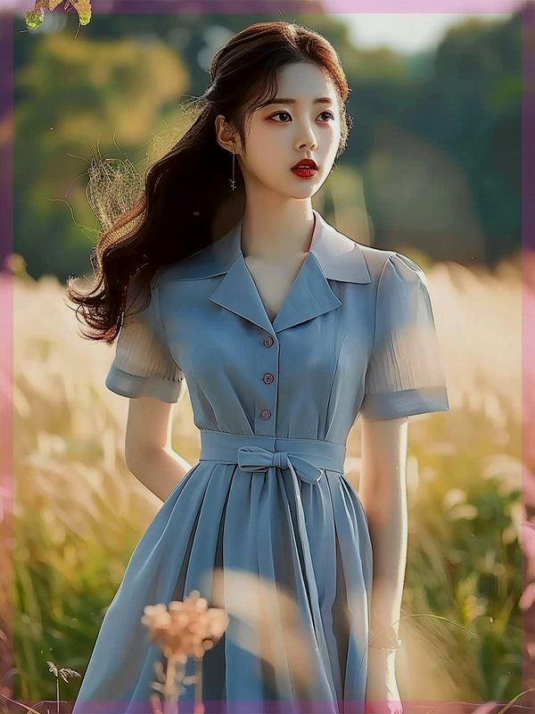 2024 Summer Women Blue Chiffon Shirt Dress - Elegant Commuter Style - Image 3