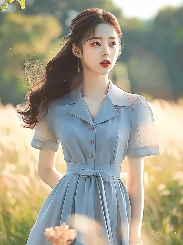 2024 Summer Women Blue Chiffon Shirt Dress - Elegant Commuter Style - Image 4