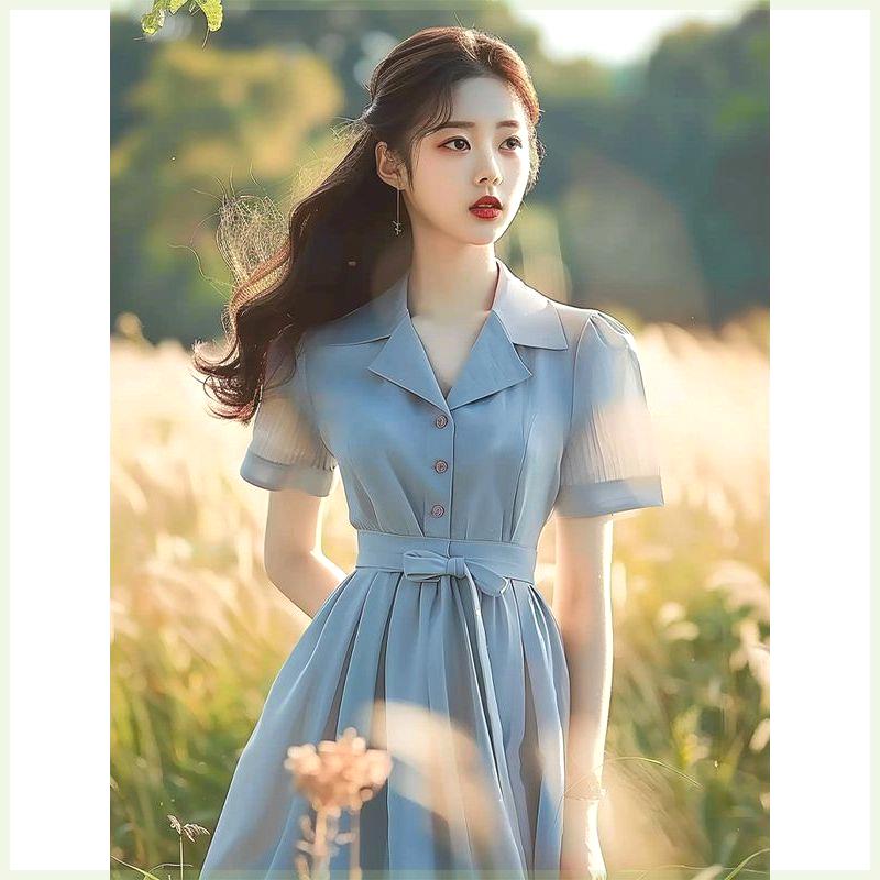 2024 Summer Women Blue Chiffon Shirt Dress - Elegant Commuter Style - Image 5