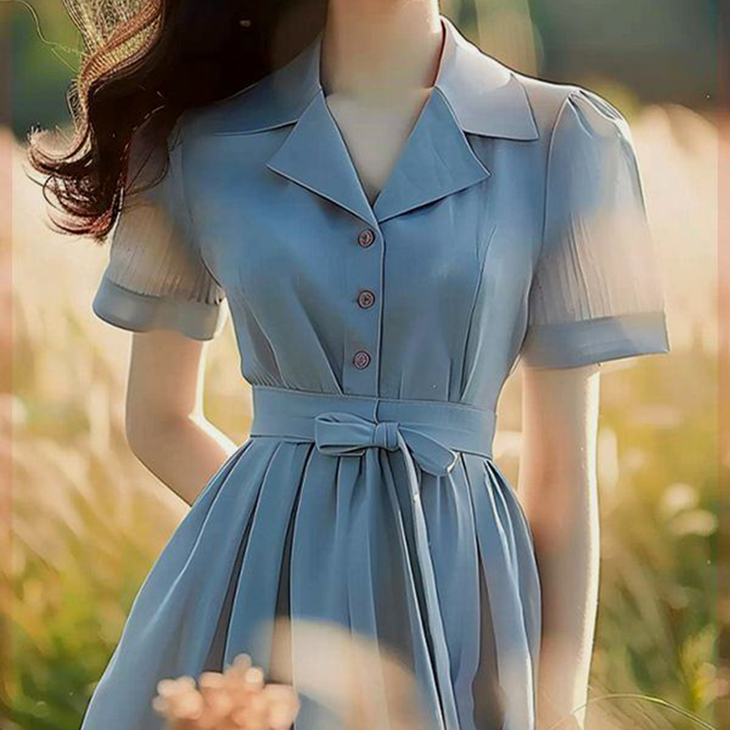 2024 Summer Women Blue Chiffon Shirt Dress - Elegant Commuter Style