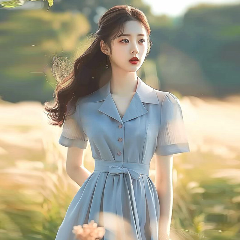 2024 Summer Women Blue Chiffon Shirt Dress - Elegant Commuter Style - Image 2