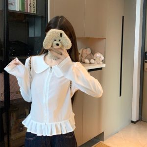 Pleated Waist Zip Shirt with Doll Collar and Pinstripes in White