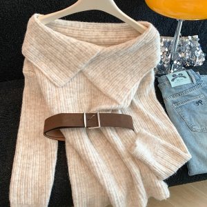 Lazy Aesthetic Asymmetric Big Lapel Off-Shoulder Color-Block Knit Sweater with Belt
