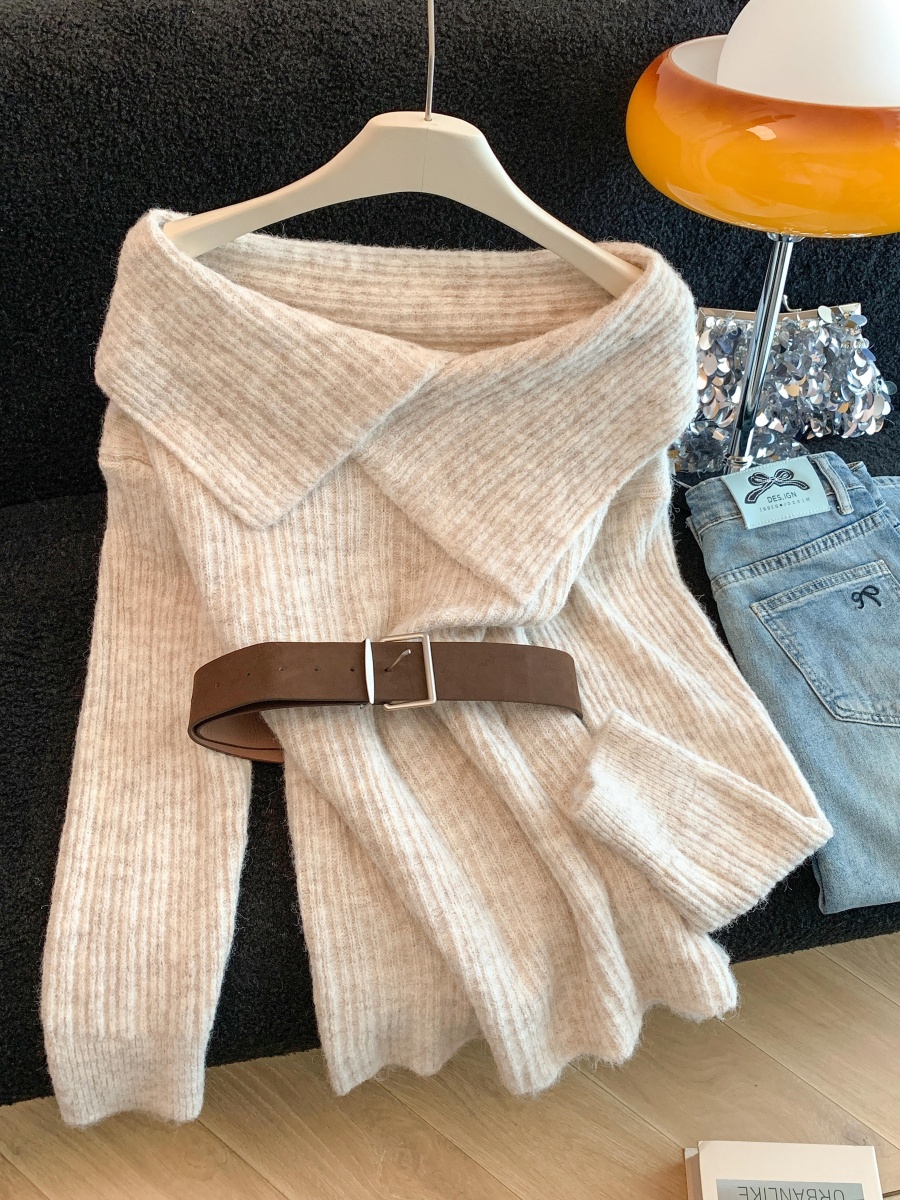 Women Off-Shoulder Belted Knit Sweater Retro Loose Pullover Top - Image 3