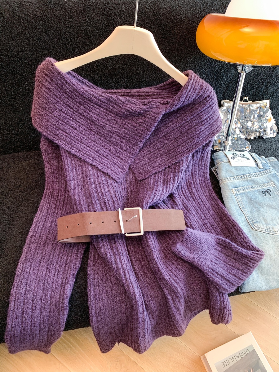 Women Off-Shoulder Belted Knit Sweater Retro Loose Pullover Top - Image 4