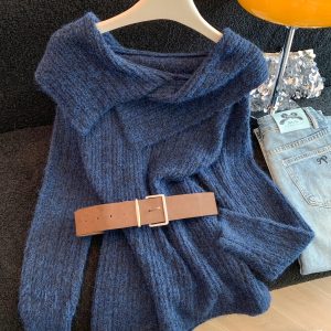 Women Off-Shoulder Belted Knit Sweater Retro Loose Pullover Top