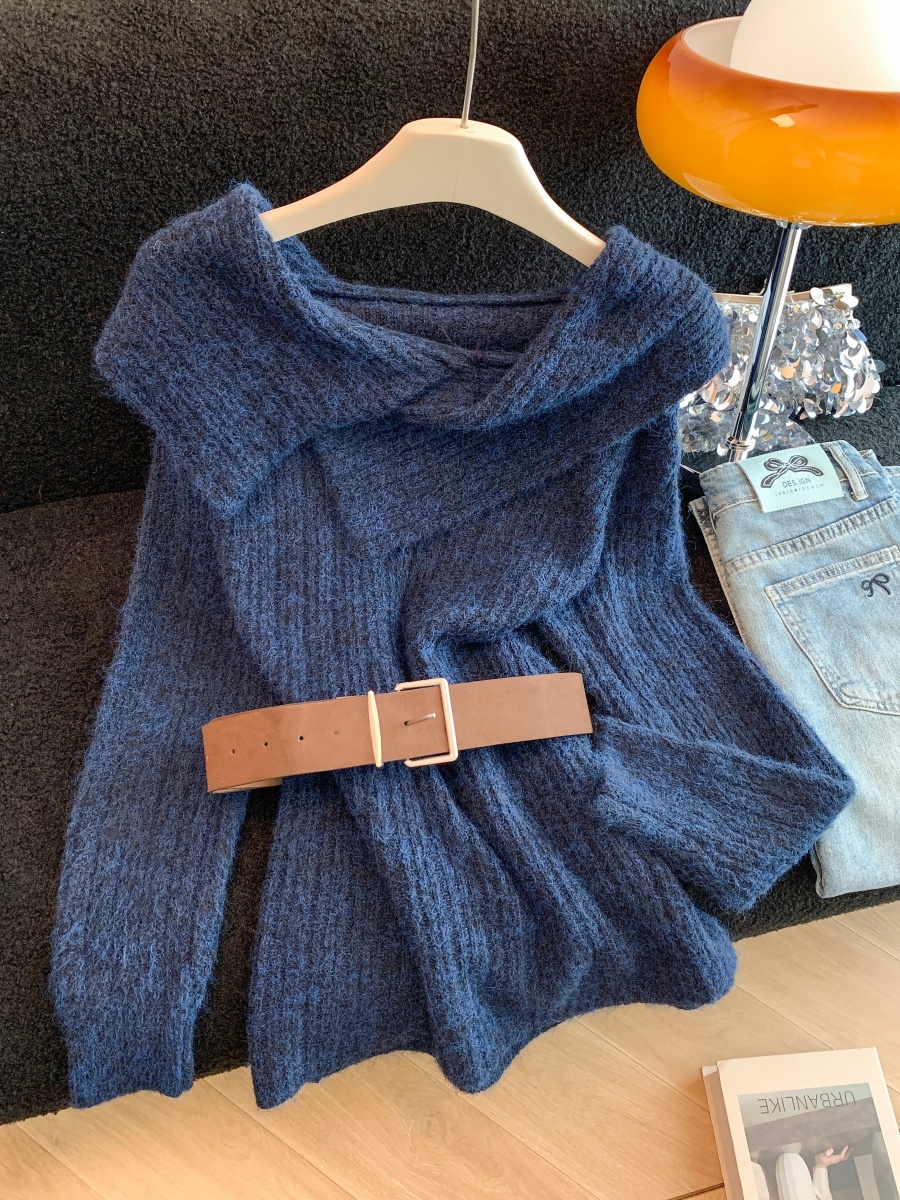 Women Off-Shoulder Belted Knit Sweater Retro Loose Pullover Top