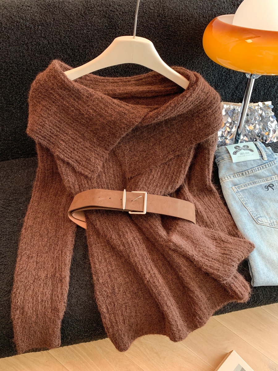 Lazy Aesthetic Asymmetric Big Lapel Off-Shoulder Color-Block Knit Sweater with Belt - Image 4