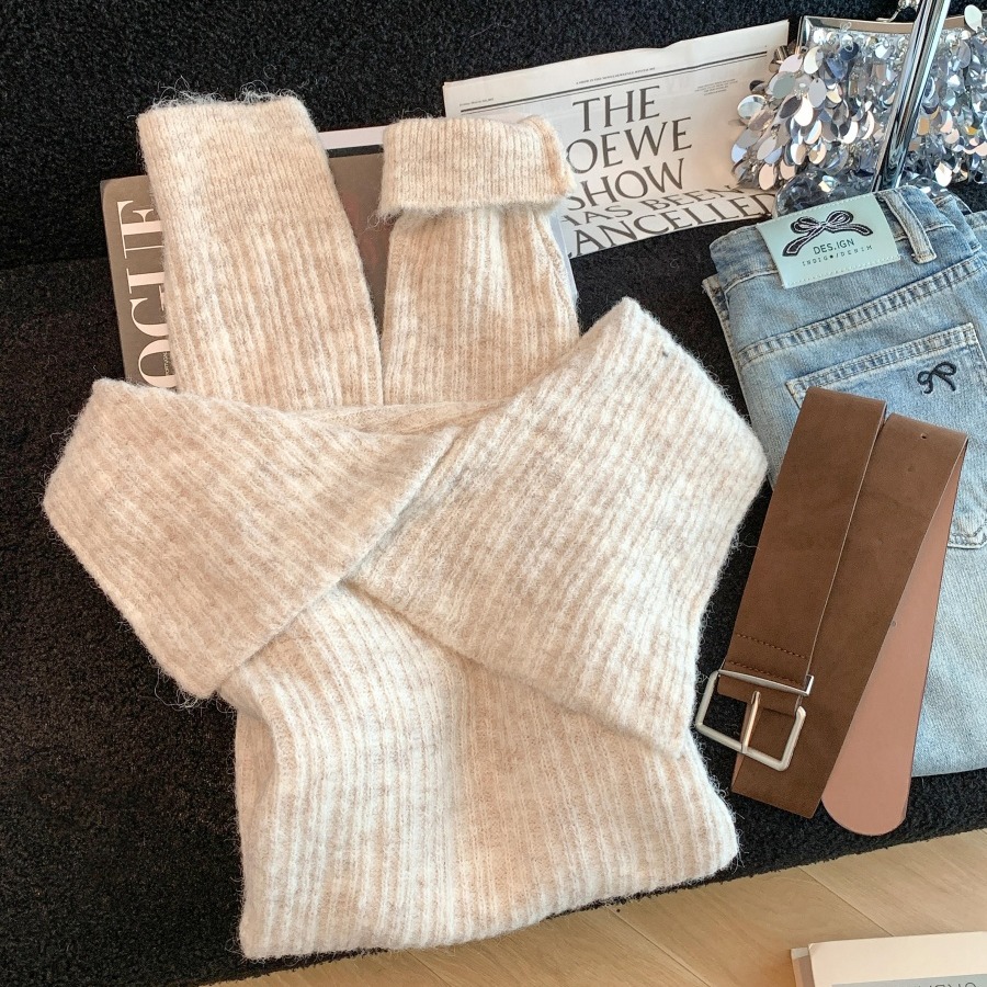 Lazy Aesthetic Asymmetric Big Lapel Off-Shoulder Color-Block Knit Sweater with Belt - Image 5