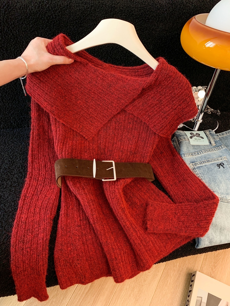 Women Off-Shoulder Belted Knit Sweater Retro Loose Pullover Top - Image 2