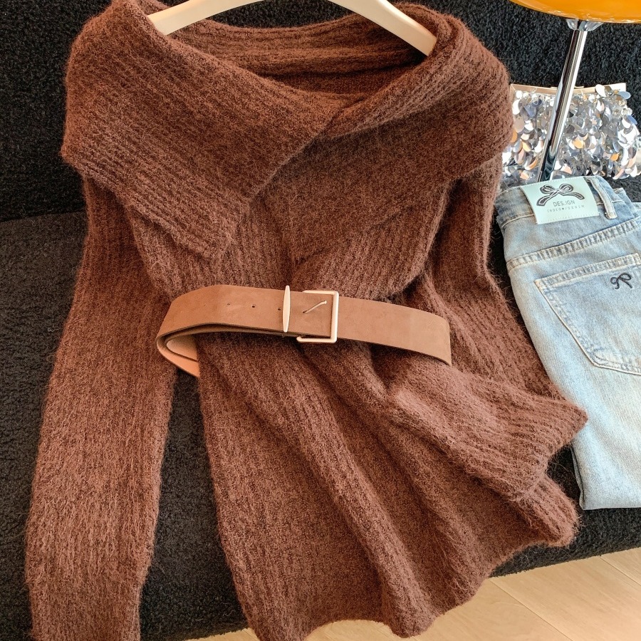 Women Off-Shoulder Belted Knit Sweater Retro Loose Pullover Top - Image 5