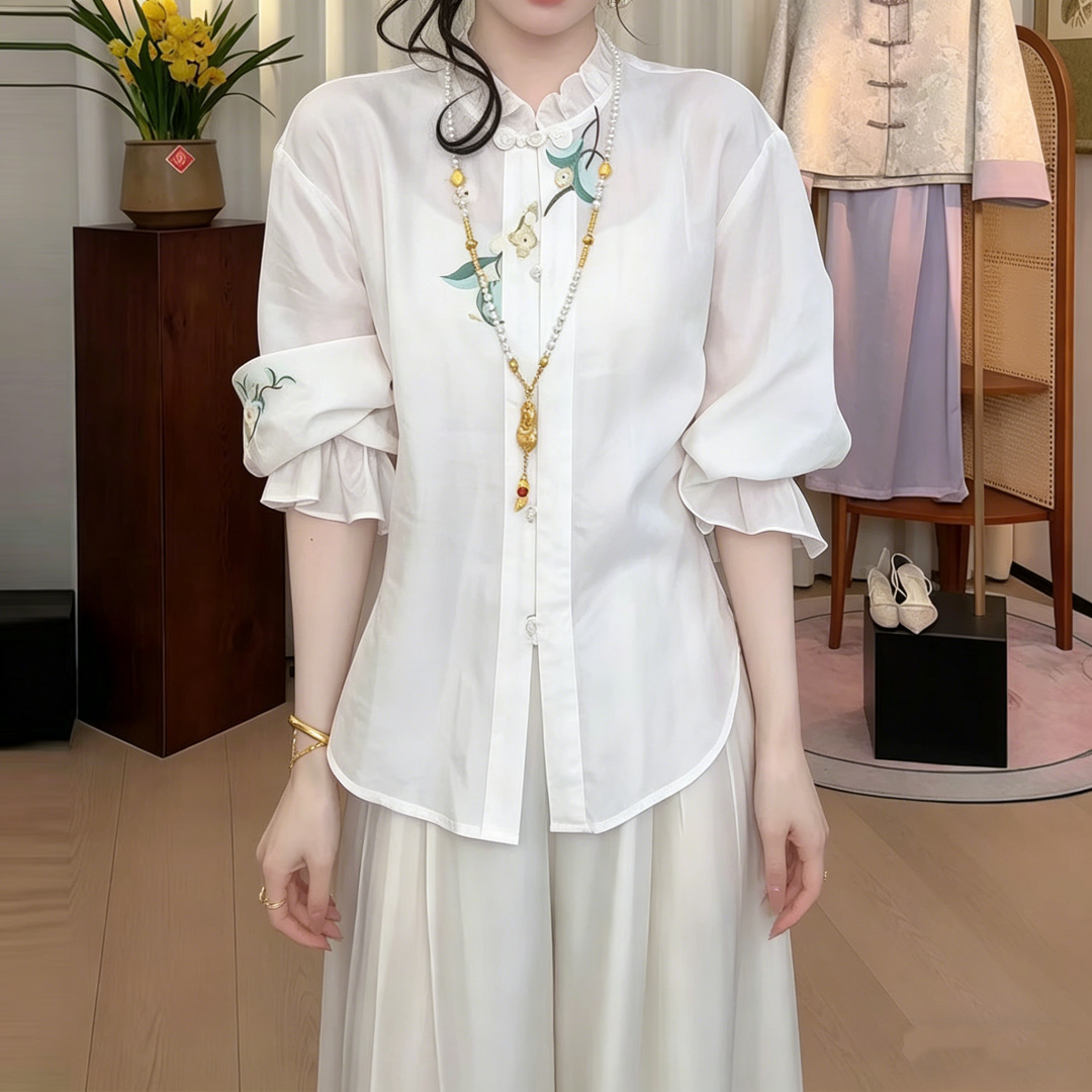 New Chinese Style Embroidered Ruffle Collar Button-Up Shirt for Women Spring 2026