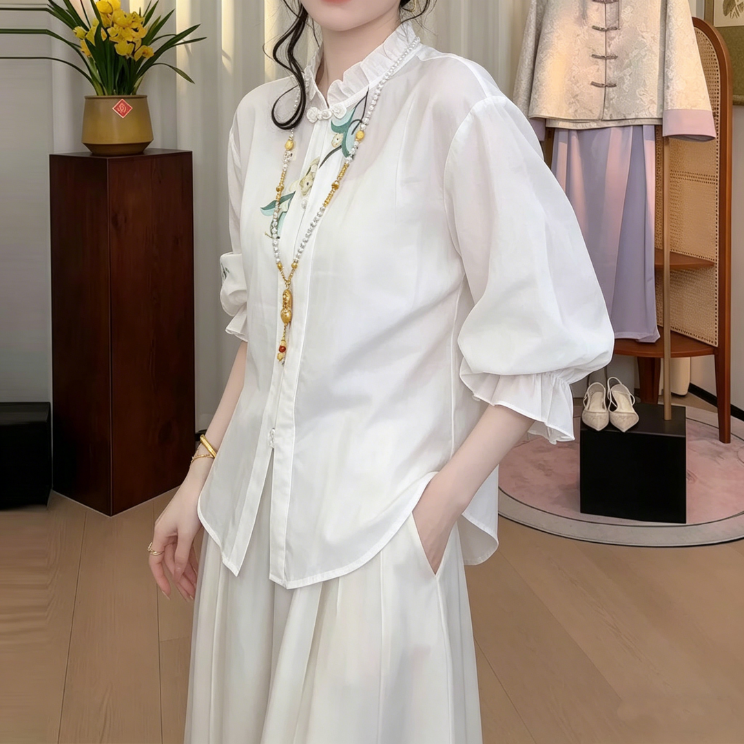 New Chinese Style Embroidered Ruffle Collar Button-Up Shirt for Women Spring 2026 - Image 3