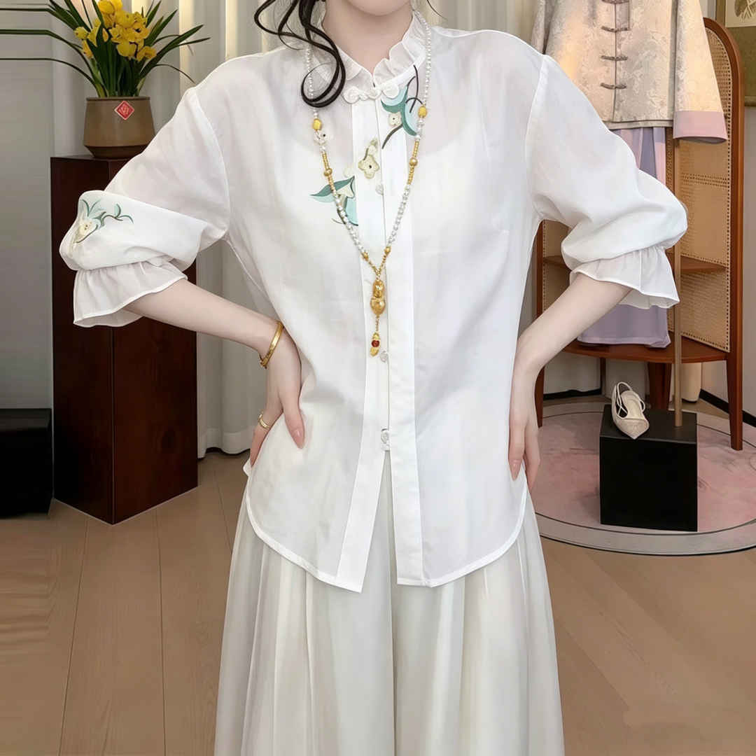 New Chinese Style Embroidered Ruffle Collar Button-Up Shirt for Women Spring 2026 - Image 4