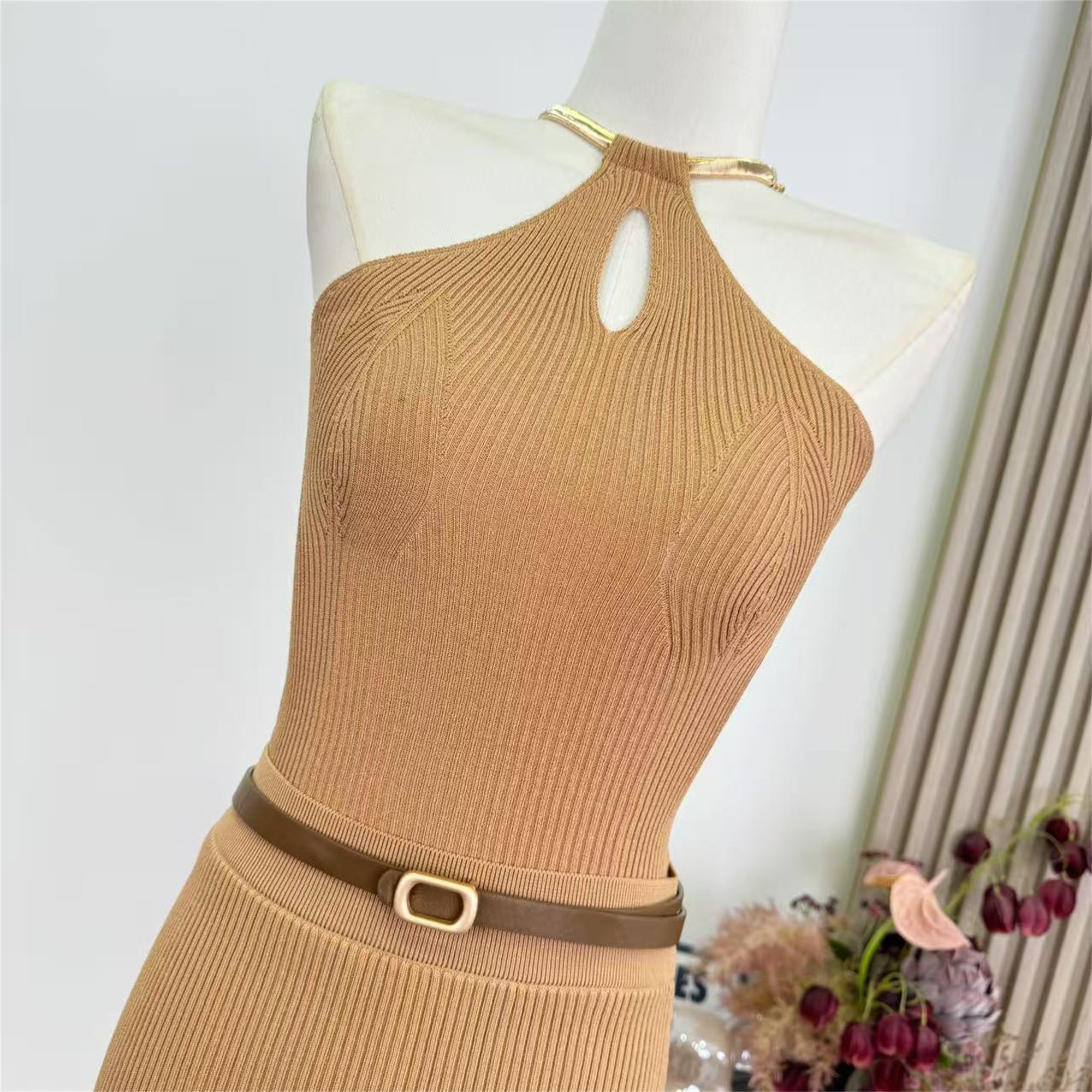 Women Summer Knit Two-Piece Set with Halter Cutout Top and Slim Skirt - Image 2