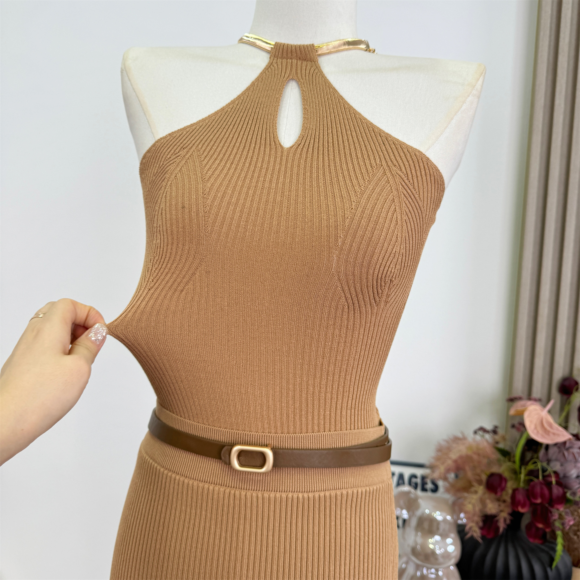Women Summer Knit Two-Piece Set with Halter Cutout Top and Slim Skirt - Image 3