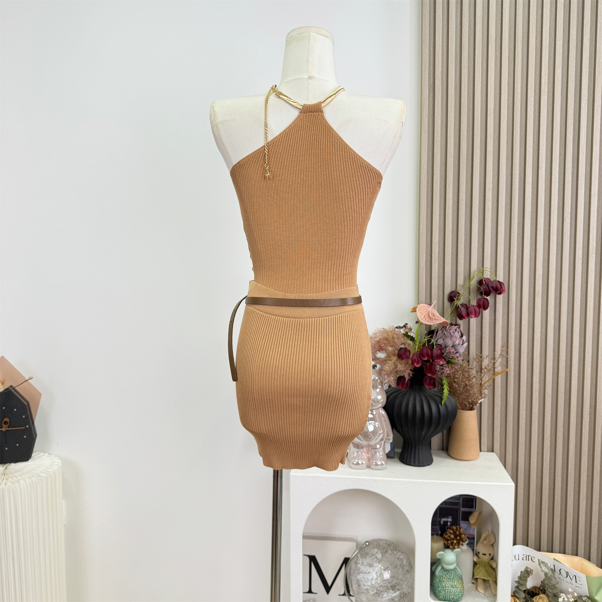 Women Summer Knit Two-Piece Set with Halter Cutout Top and Slim Skirt - Image 4