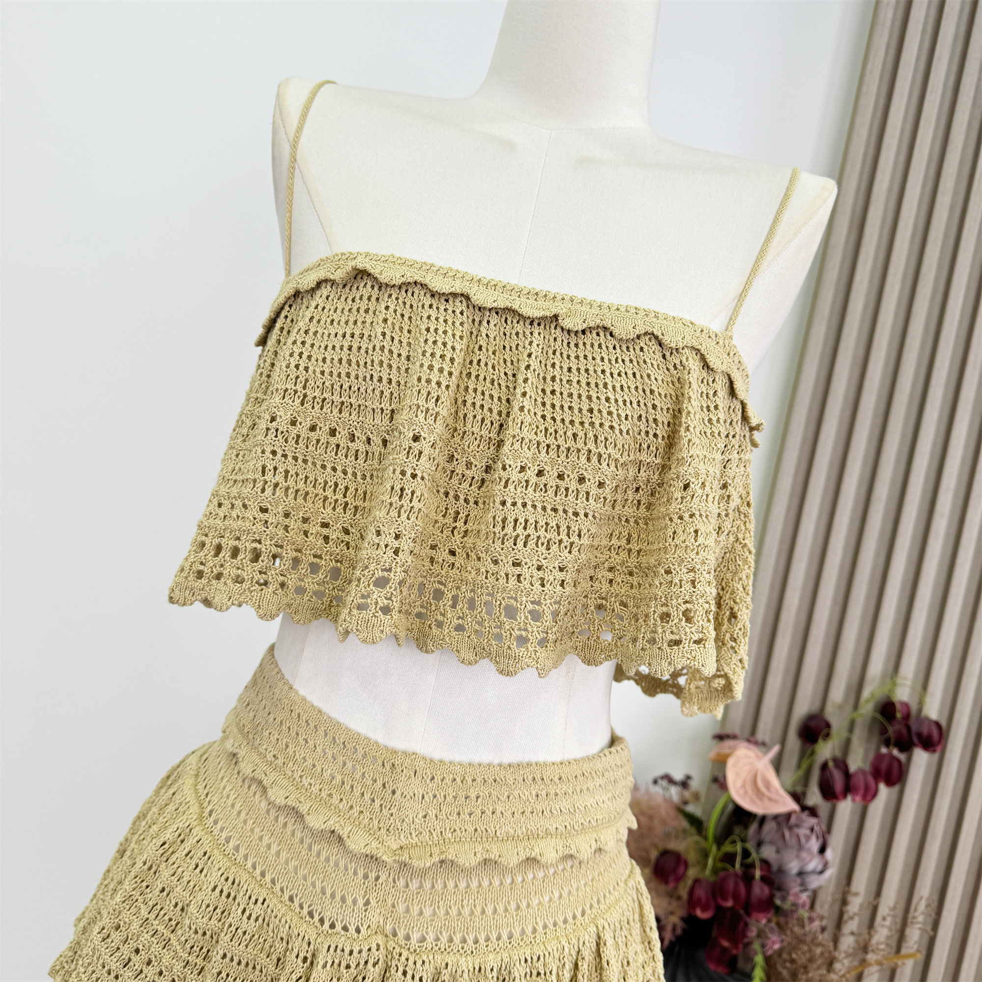 Handmade Openwork Crochet Knit Two-Piece Set with Ruffle Tube Top and Tiered Cake Mini Skirt - Image 2