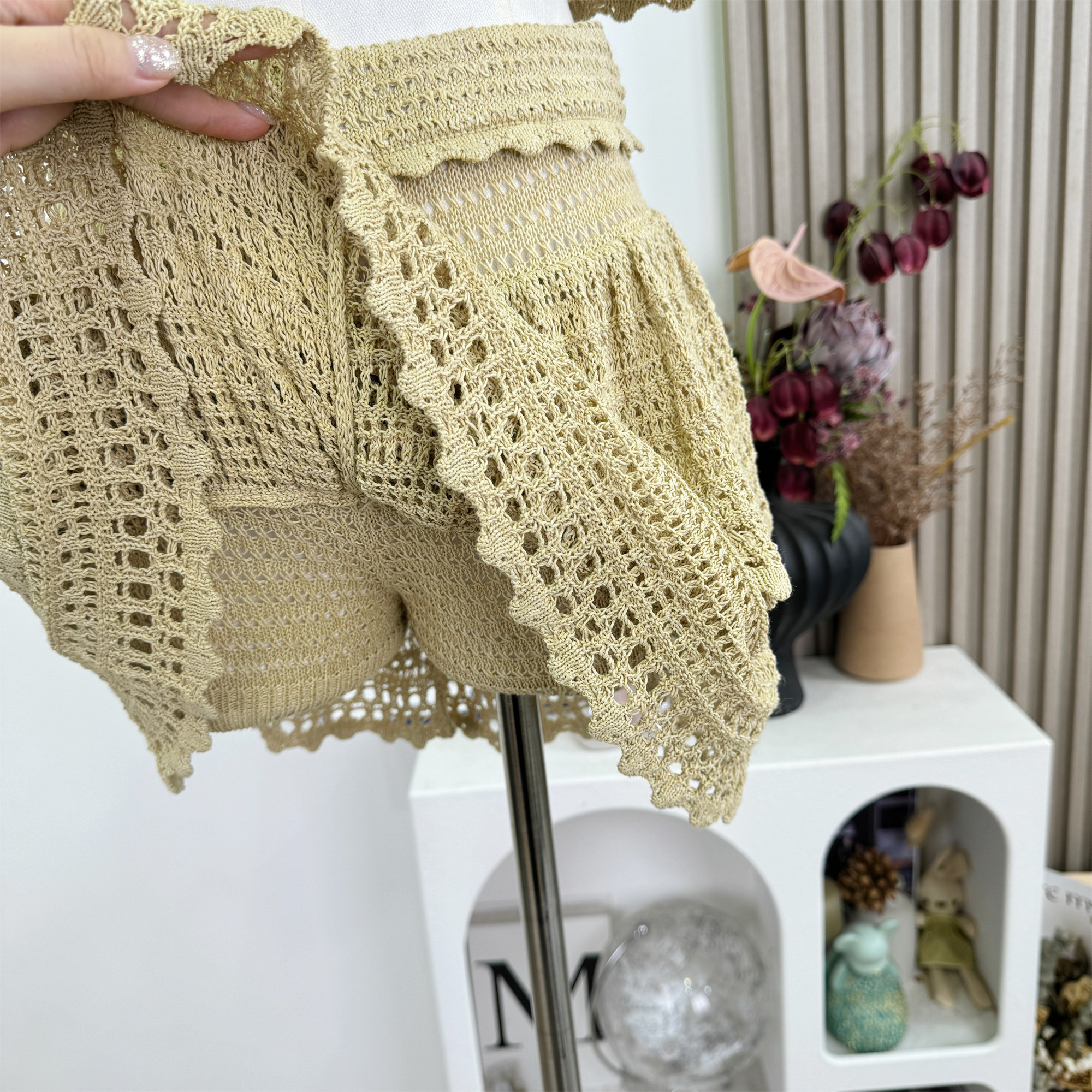 Handmade Openwork Crochet Knit Two-Piece Set with Ruffle Tube Top and Tiered Cake Mini Skirt - Image 3