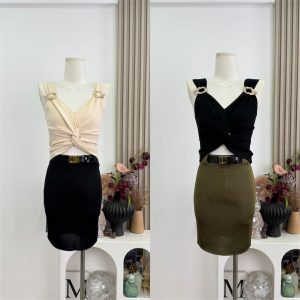 OKMASHOP Misty Night High-IQ Knit V-Neck Vest and Skirt Two-Piece Set for Women Summer